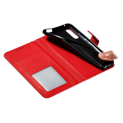 Red litchi leather flip wallet case with interior card slot for storage