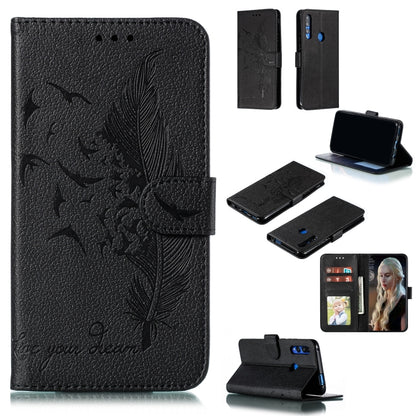 Black feather and leaf embossed leather phone wallet flip case with card slots