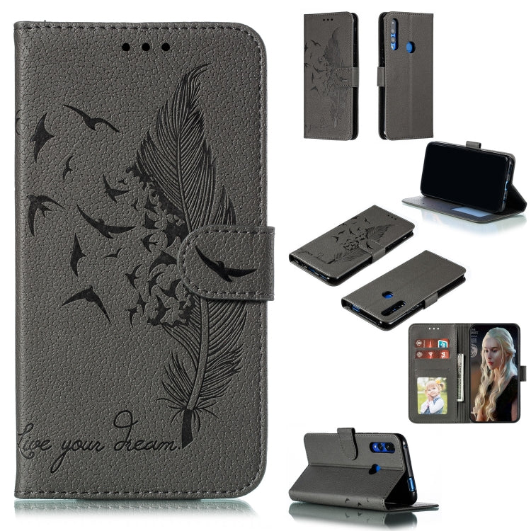 Gray feather and leaf embossed leather phone wallet flip case with card slots