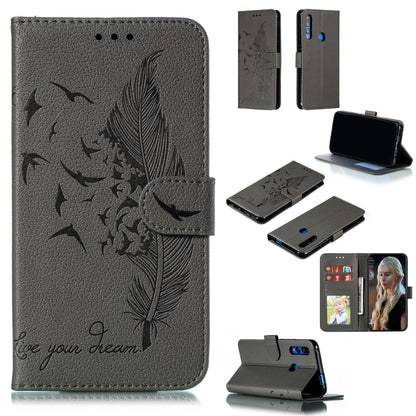 Gray feather and leaf embossed leather phone wallet flip case with card slots