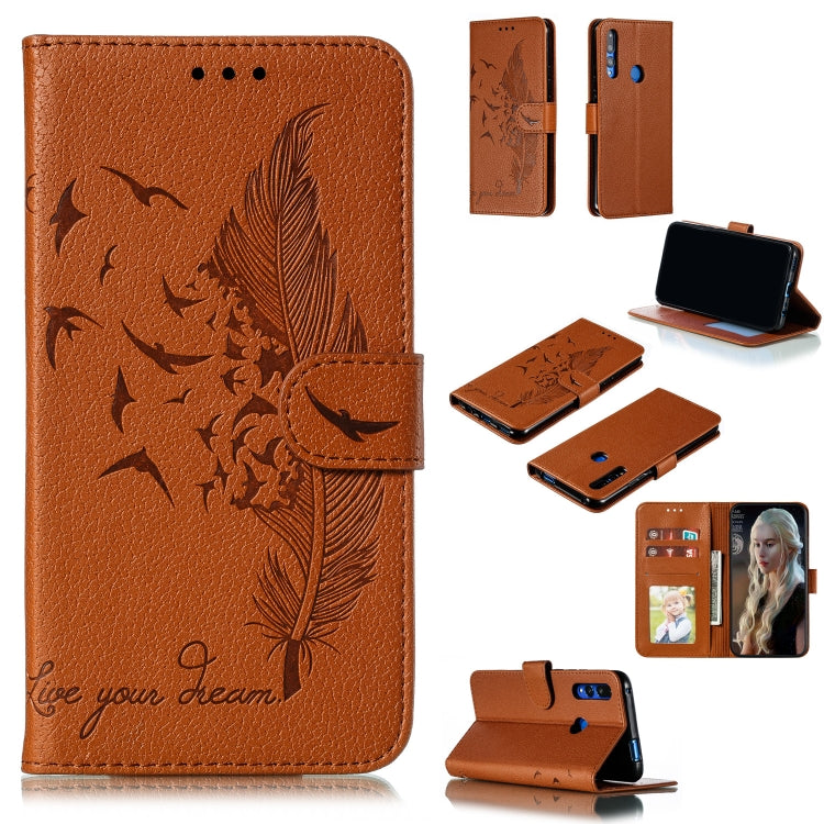 Brown feather and leaf embossed leather phone wallet flip case with card slots