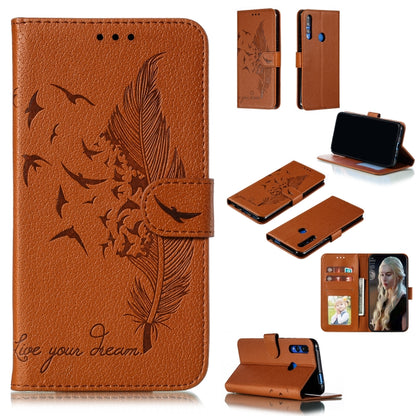 Brown feather and leaf embossed leather phone wallet flip case with card slots