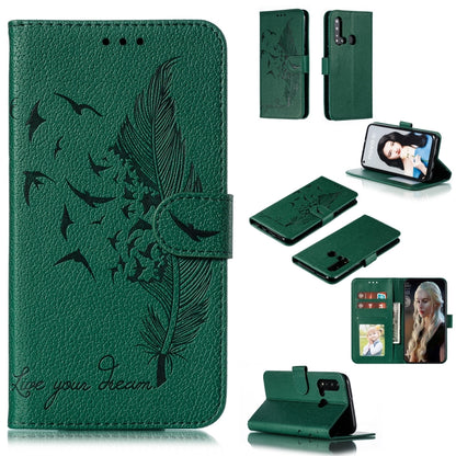 Green feather and leaf embossed leather phone wallet flip case with card slots