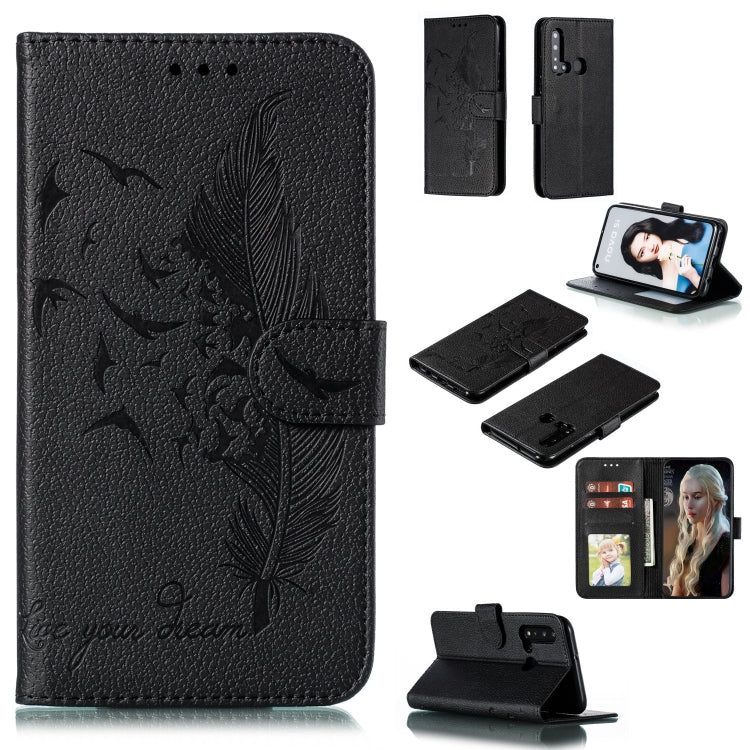 Black feather and leaf embossed leather phone wallet flip case with card slots