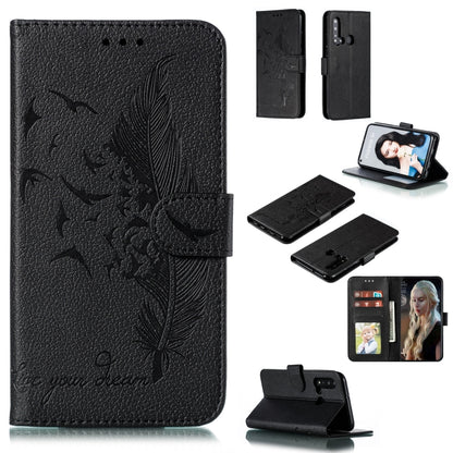 Black feather and leaf embossed leather phone wallet flip case with card slots
