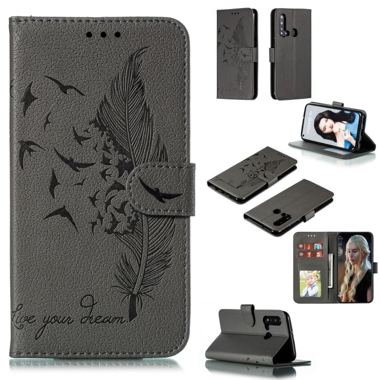 Gray feather and leaf embossed leather phone wallet flip case with card slots