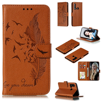 Brown feather and leaf embossed leather phone wallet flip case with card slots