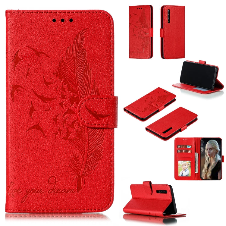 Red feather-embossed leather flip phone wallet case with card slots