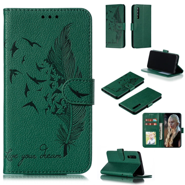 Green feather-embossed leather flip phone wallet case with card slots