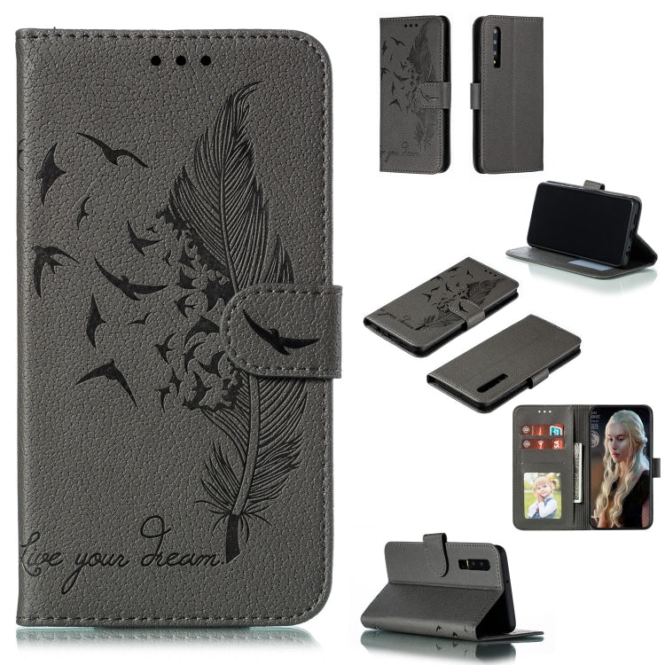 Gray feather-embossed leather flip phone wallet case with card slots