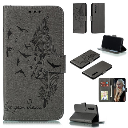 Gray feather-embossed leather flip phone wallet case with card slots