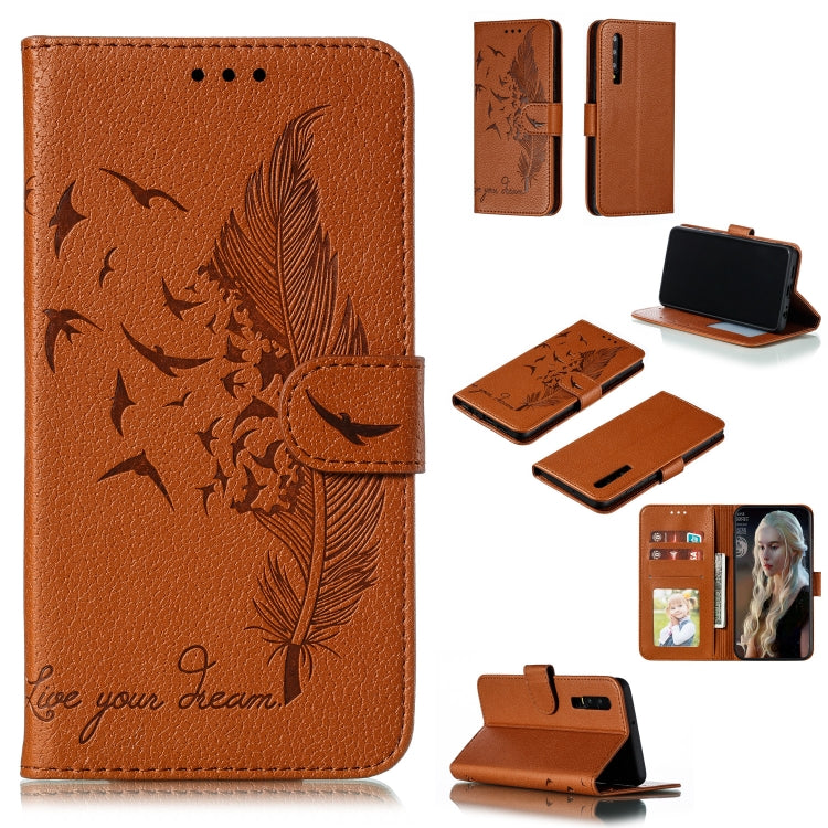 Brown feather-embossed leather flip phone wallet case with card slots