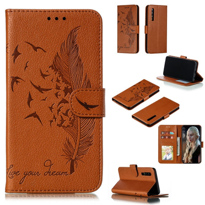 Brown feather-embossed leather flip phone wallet case with card slots