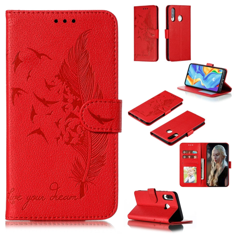 Red feather-embossed leather flip phone wallet case with screen view and card slots