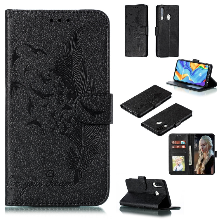 Black feather-embossed leather flip phone wallet case with screen view and card slots