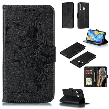Black feather-embossed leather flip phone wallet case with screen view and card slots
