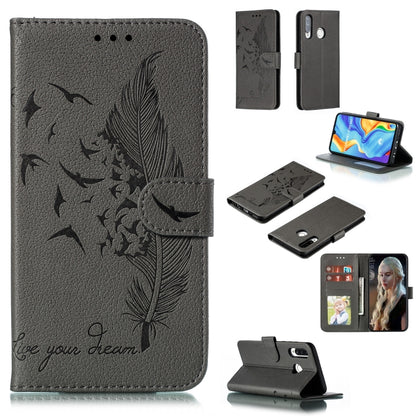 Gray feather-embossed leather flip phone wallet case with screen view and card slots