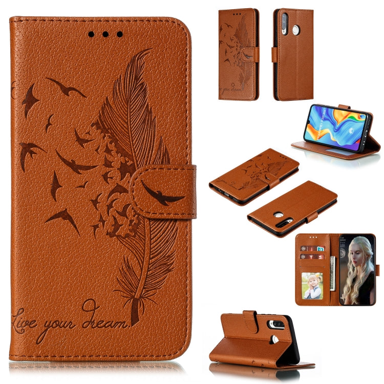Brown feather-embossed leather flip phone wallet case with screen view and card slots