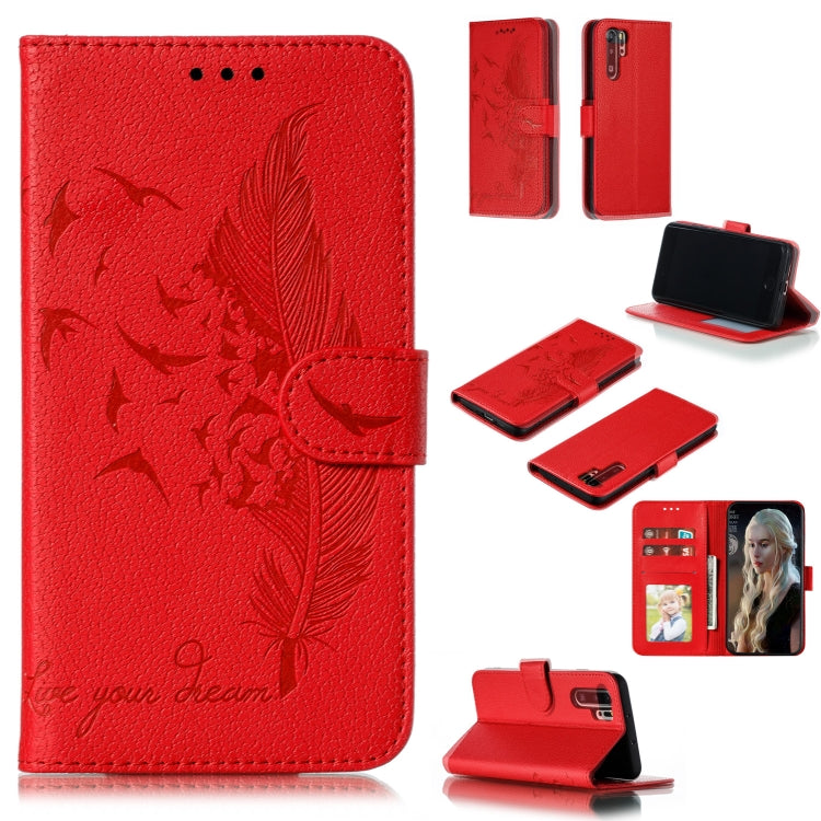 Red feather-embossed leather flip phone wallet case with screen view and card slots