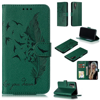 Green litchi-texture leather flip phone wallet case with feather pattern and card slots