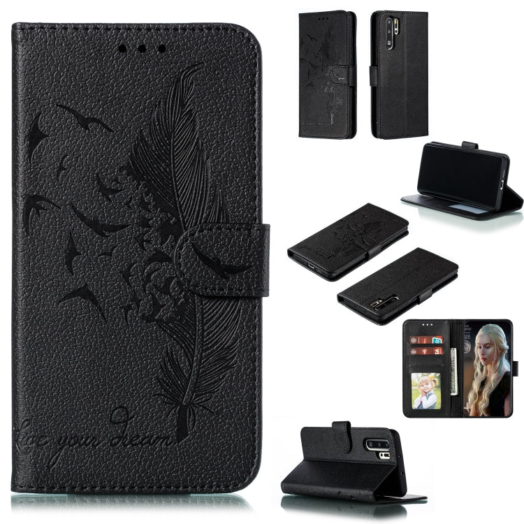 Black litchi-texture leather flip phone wallet case with feather pattern and card slots