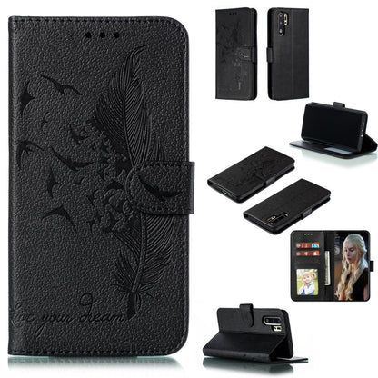 Black litchi-texture leather flip phone wallet case with feather pattern and card slots