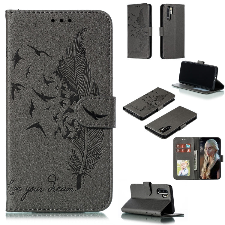 Gray litchi-texture leather flip phone wallet case with feather pattern and card slots