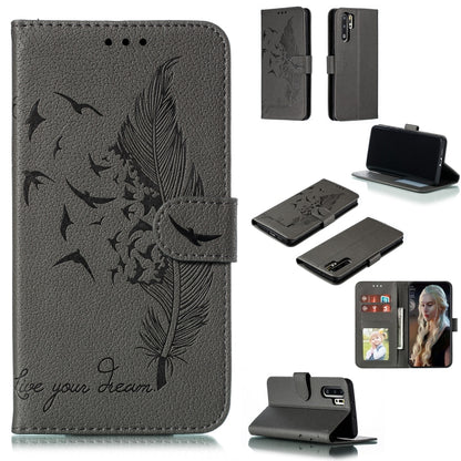 Gray litchi-texture leather flip phone wallet case with feather pattern and card slots