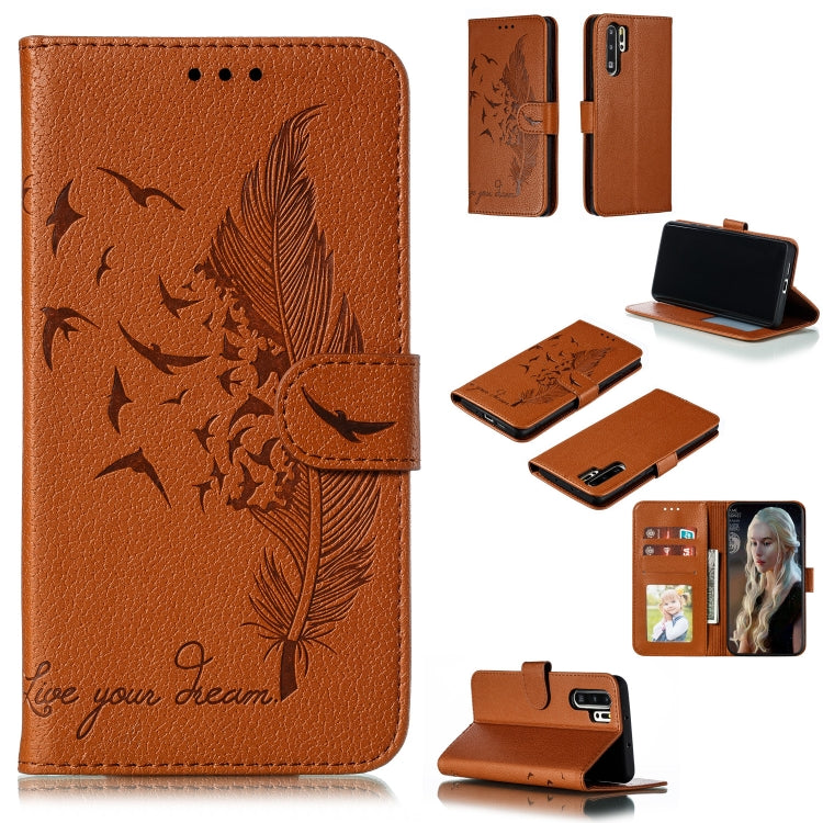 Brown/orange litchi-texture leather flip phone wallet case with feather pattern and card slots