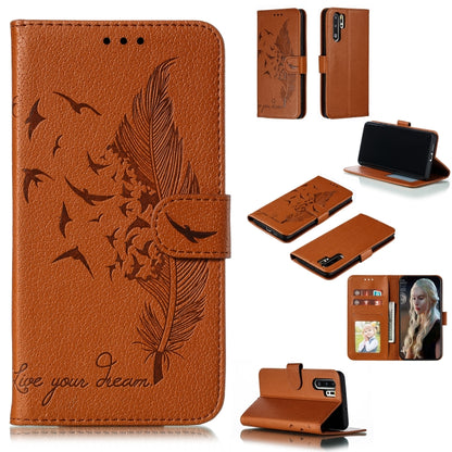 Brown/orange litchi-texture leather flip phone wallet case with feather pattern and card slots