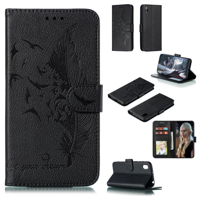 Black litchi-texture leather flip phone wallet case with feather pattern and card slots
