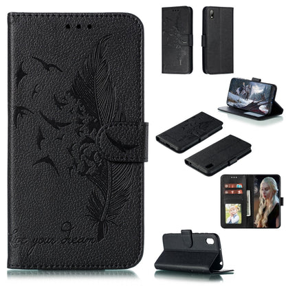 Black litchi-texture leather flip phone wallet case with feather pattern and card slots