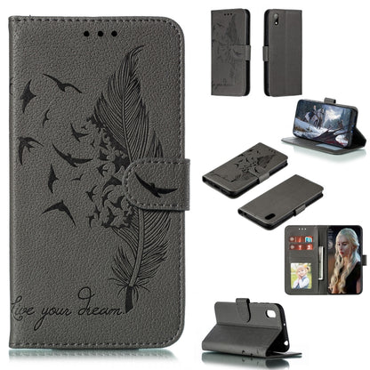 Gray litchi-texture leather flip phone wallet case with feather pattern and card slots
