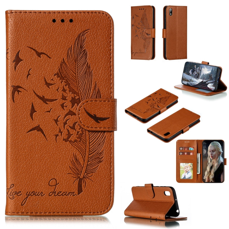 Brown/orange litchi-texture leather flip phone wallet case with feather pattern and card slots