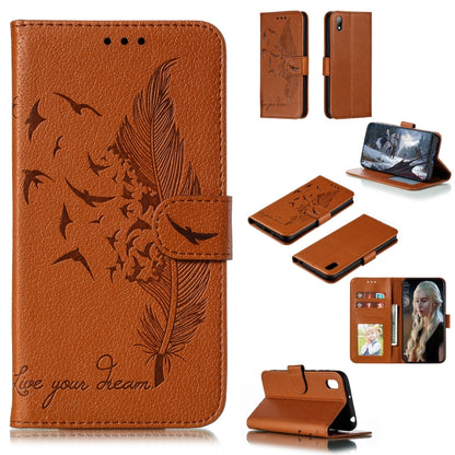 Brown/orange litchi-texture leather flip phone wallet case with feather pattern and card slots