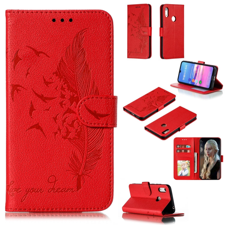 Red litchi-texture leather flip phone wallet case with feather pattern and card slots