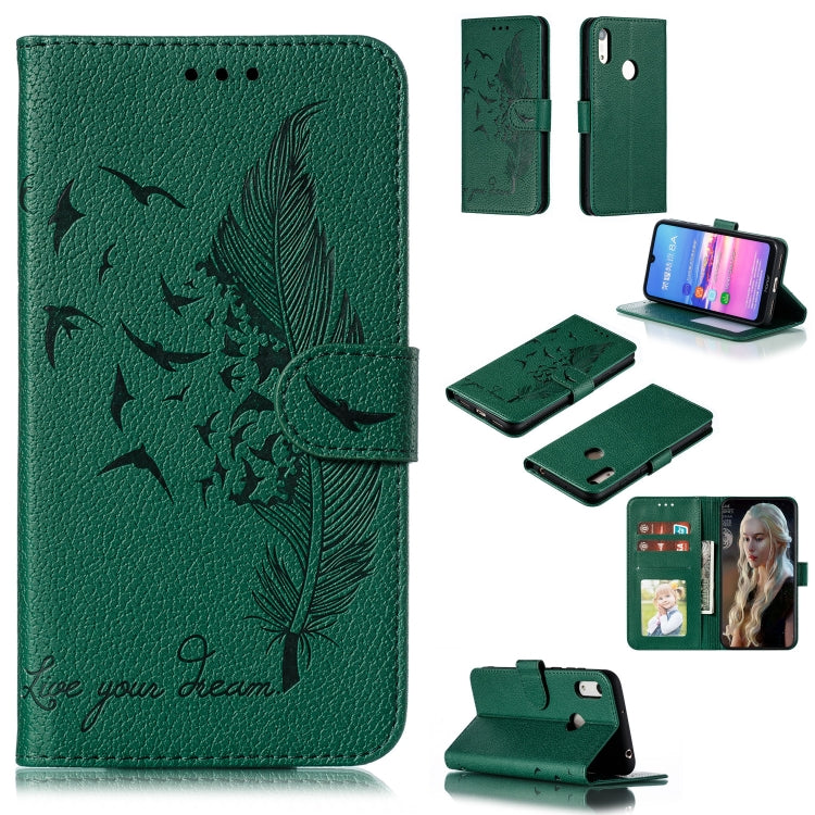 Green feather-pattern litchi-texture flip leather wallet case with card slots