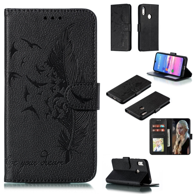 Black feather-pattern litchi-texture flip leather wallet case with card slots