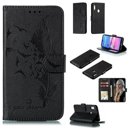 Black feather-pattern litchi-texture flip leather wallet case with card slots