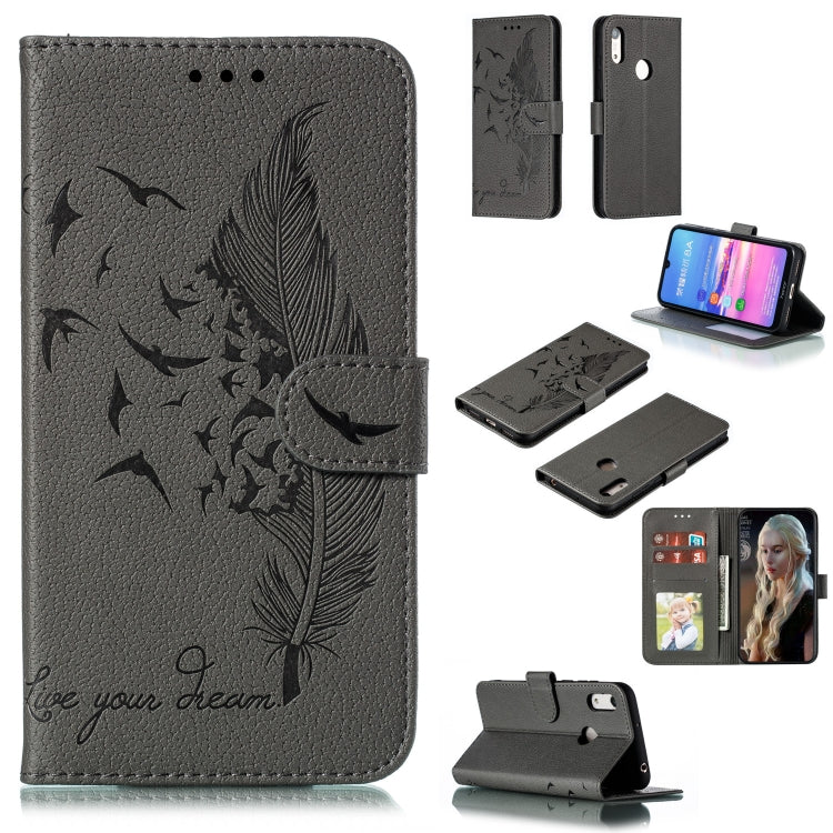Gray feather-pattern litchi-texture flip leather wallet case with card slots