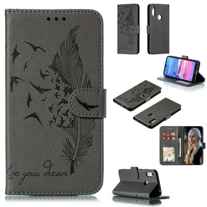 Gray feather-pattern litchi-texture flip leather wallet case with card slots