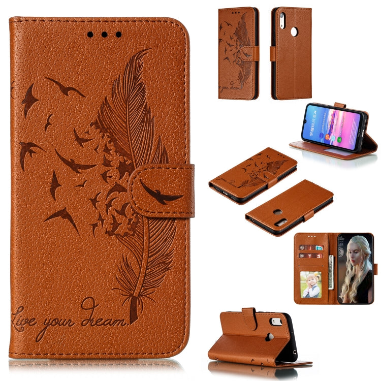 Brown feather-pattern litchi-texture flip leather wallet case with card slots