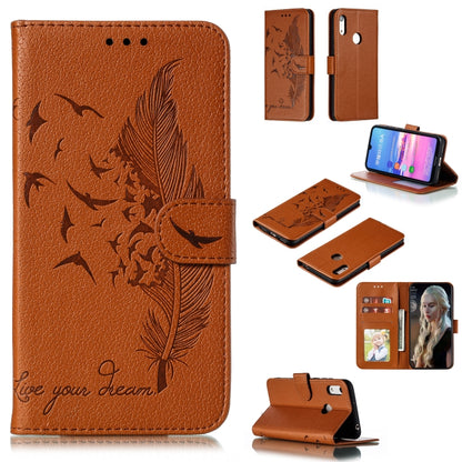 Brown feather-pattern litchi-texture flip leather wallet case with card slots