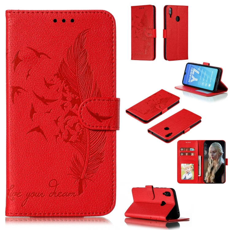 Red feather-pattern litchi-texture flip leather wallet case with card slots