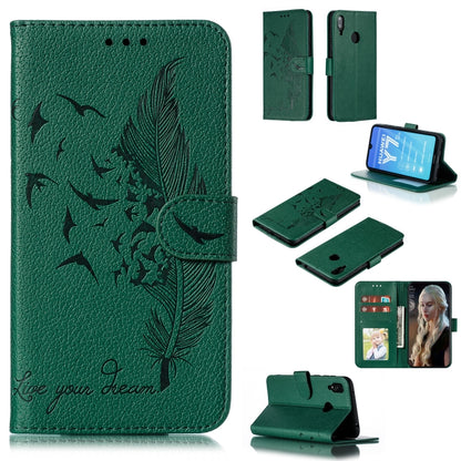 Green feather-pattern litchi-texture flip leather wallet case with card slots
