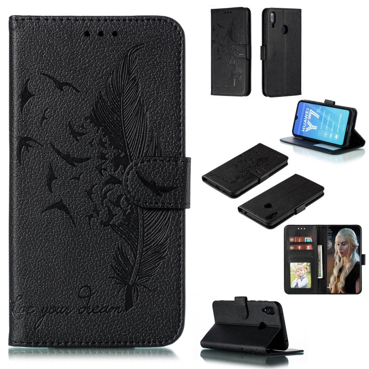 Black feather-pattern litchi-texture flip leather wallet case with card slots