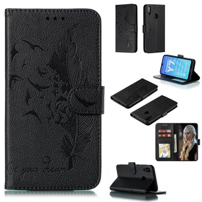 Black feather-pattern litchi-texture flip leather wallet case with card slots