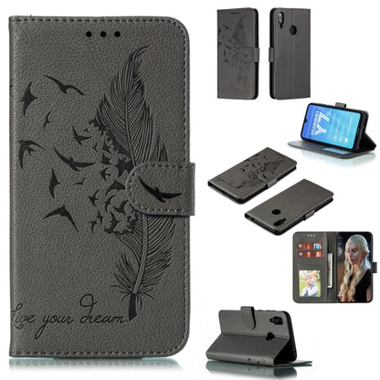 Gray feather-pattern litchi-texture flip leather wallet case with card slots