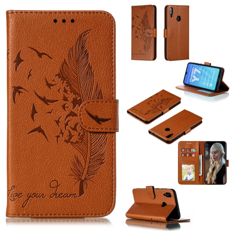 Brown feather-pattern litchi-texture flip leather wallet case with card slots