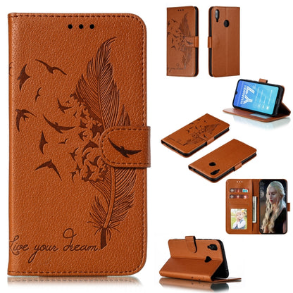 Brown feather-pattern litchi-texture flip leather wallet case with card slots